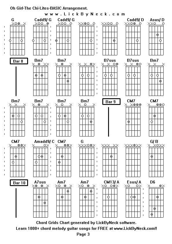 Chord Grids Chart of chord melody fingerstyle guitar song-Oh Girl-The Chi-Lites-BASIC Arrangement,generated by LickByNeck software.